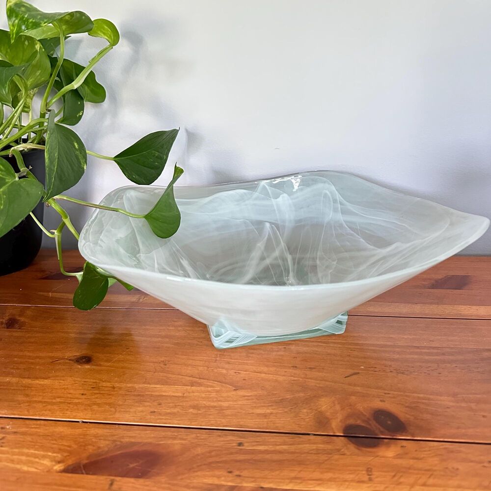 Vintage White Alabaster Swirl Art Glass Square Pedestal Centerpiece Bowl